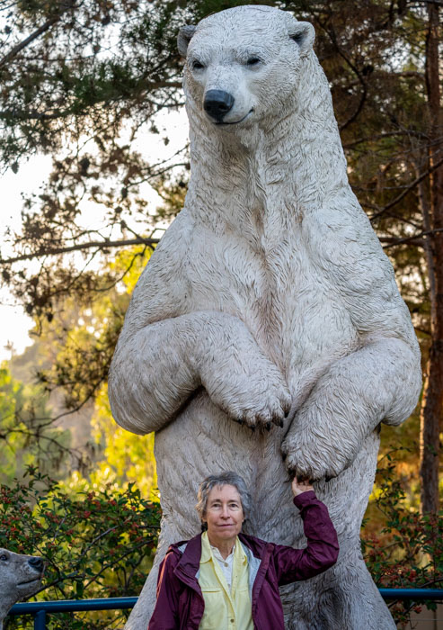 A person standing next to a large polar bear statue Description automatically generated